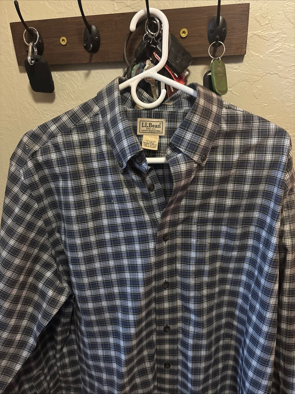 L.L.Bean Mens Large Tall Plaid Button Down Shirt Blue White Cotton Long Sleeve